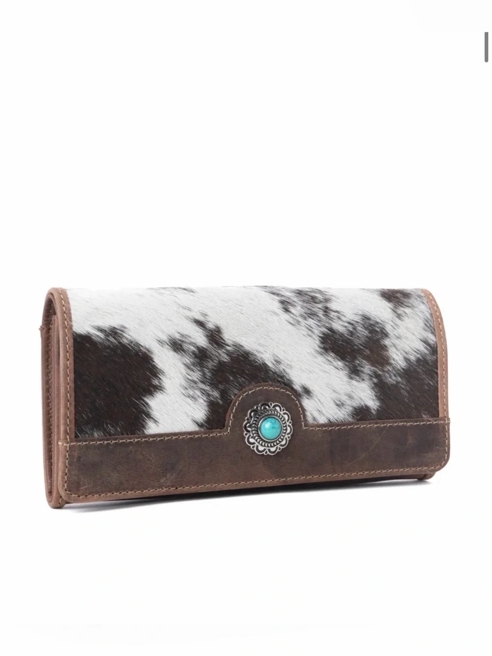 Western WalletCowhide Leather Wallet with Turquoise Accent - Brown/White